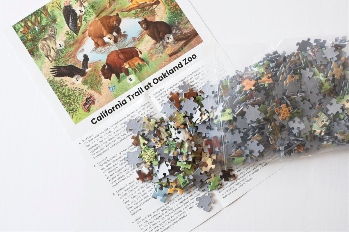 colorful jigsaw puzzle pieces spilling out of a resealable plastic bag onto a puzzle guide that describes the animals featured in the puzzle.