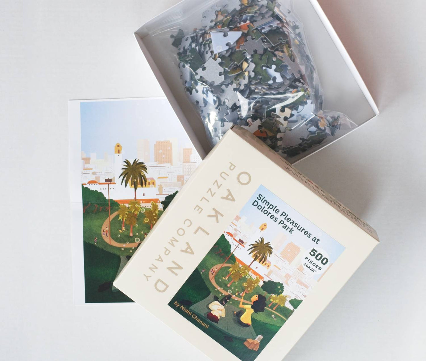 An open jigsaw puzzle box with the featured image showing two people blowing bubbles on a picnic in Dolores Park with palm trees and the San Francisco skyline in the background