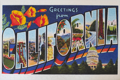 A completed jigsaw puzzle featuring a vintage postcard that says Greetings from California. The letters in California feature different natural and man-made features in the state and the Capitol building is below. 