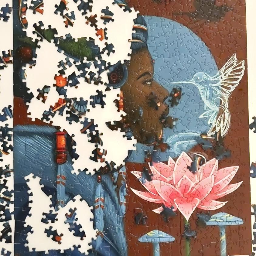 Jigsaw puzzle with a completed section of a woman's face and a pink flower.