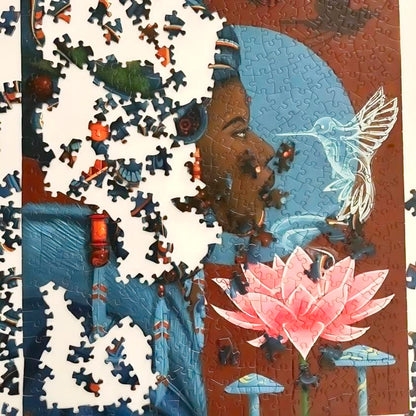 Jigsaw puzzle with a completed section of a woman's face and a pink flower.