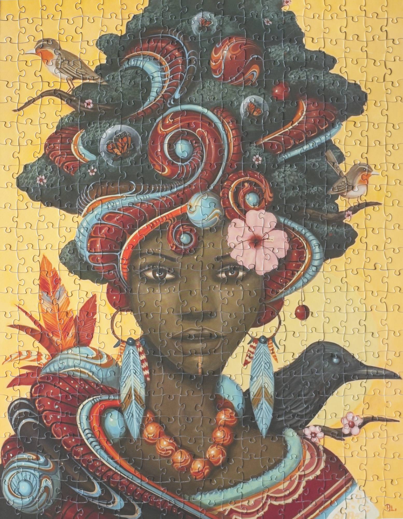Colorful puzzle with an African woman's face and intricate headpiece surrounded by birds on a yellow background