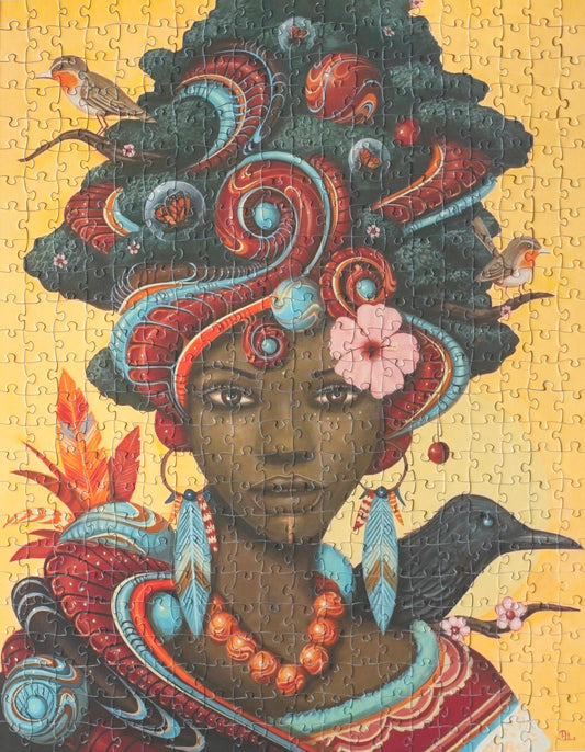 Colorful puzzle with an African woman's face and intricate headpiece surrounded by birds on a yellow background