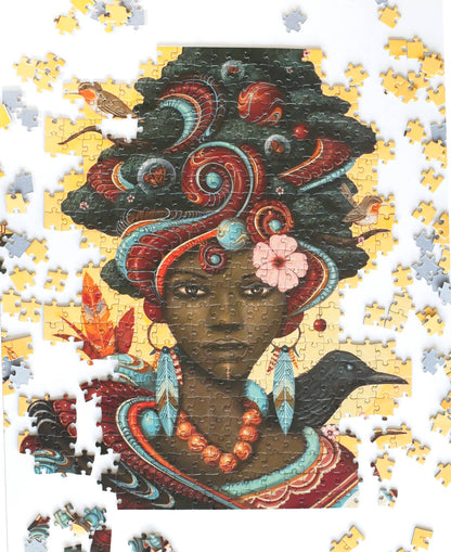 Partially completed colorful puzzle made on blue board with an African woman's face with scattered puzzle pieces