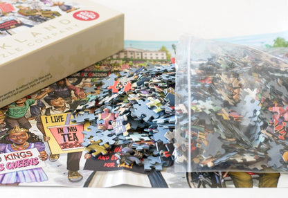 A bag spilling coloful puzzle pieces on to a  reference image next to a box top.