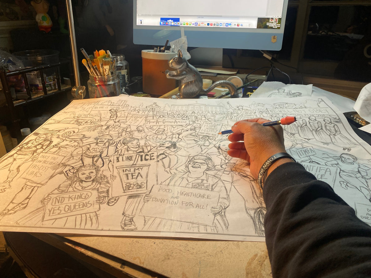 Person sketching a large drawing featuring protestors on a table.