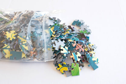 Puzzle pieces spilling out of a resealable bag on a white background