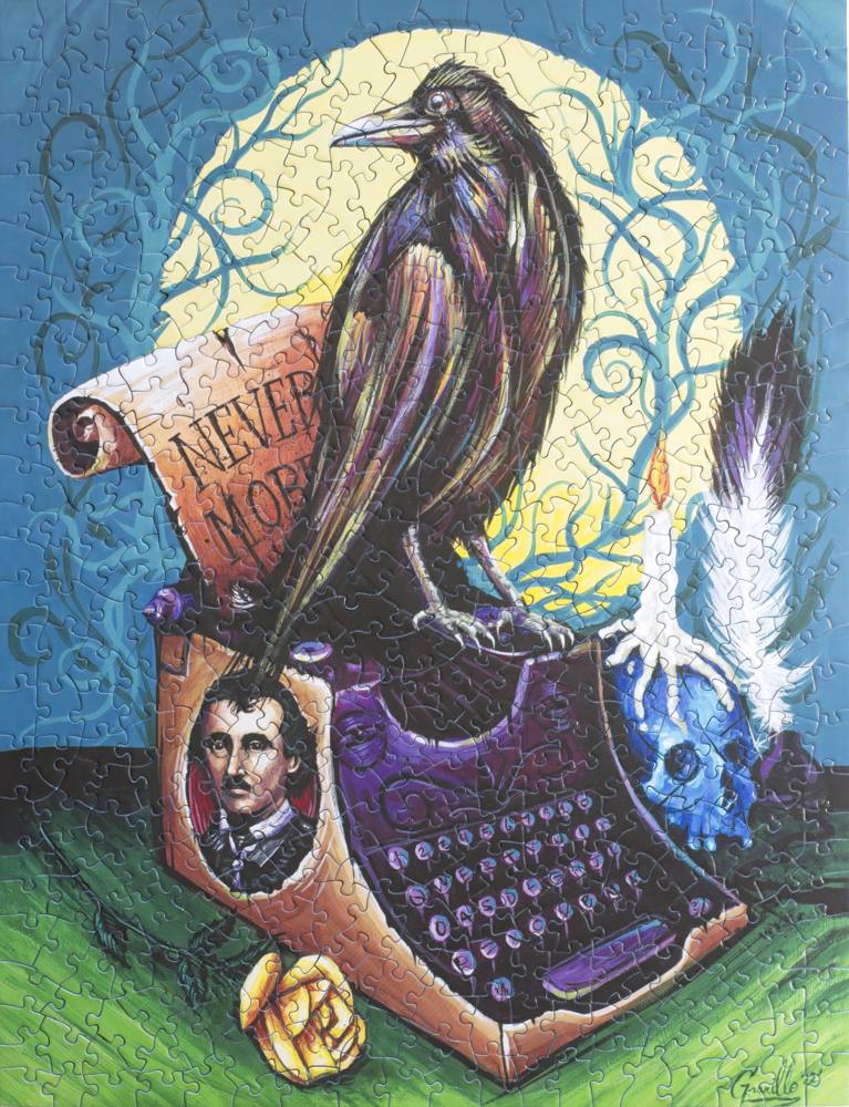 A completed jigsaw puzzle featuring a painting of a raven sitting atop a typewriter that has Edgar Allan Poe's face on the side with a scroll coming out that says Never More. Beside the crow are roses, a skull with a candle on top, and a feather. 