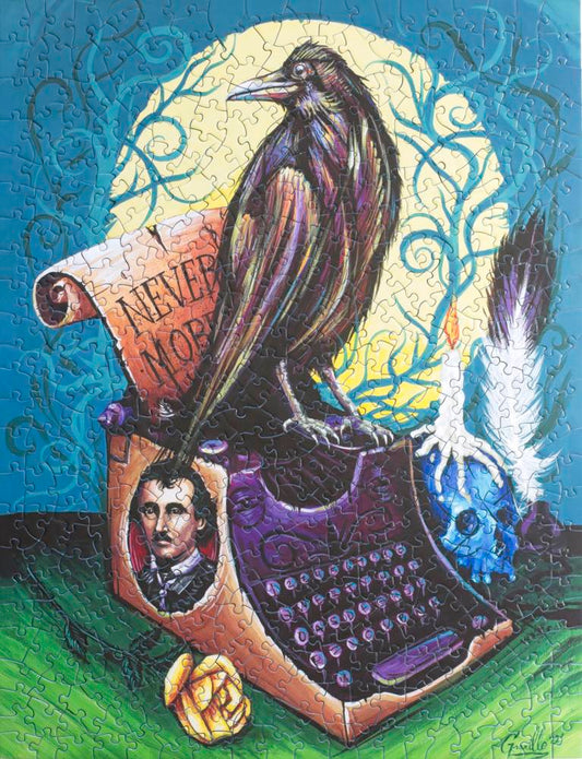 A completed jigsaw puzzle featuring a painting of a raven sitting atop a typewriter that has Edgar Allan Poe's face on the side with a scroll coming out that says Never More. Beside the crow are roses, a skull with a candle on top, and a feather. 