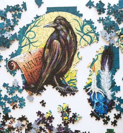 A partially completed puzzle showing a raven surrounded by a large yellow moon with puzzle pieces scattered around it.