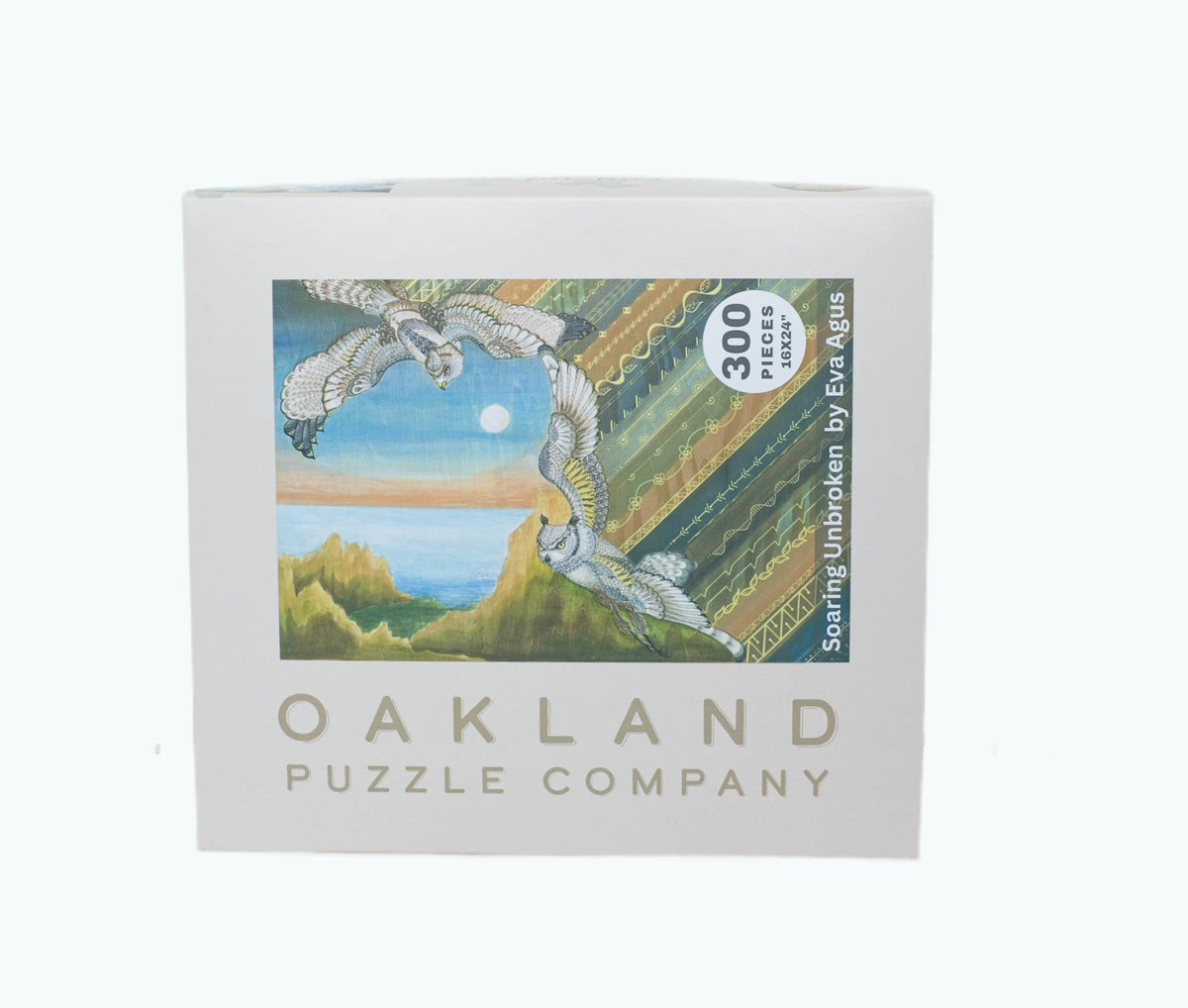 Oakland Puzzle Company puzzle box with bird illustration and '300 Pieces' text on a white background