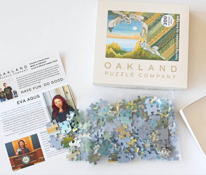 Oakland Puzzle Company puzzle set with packaging and leaflet on a white surface